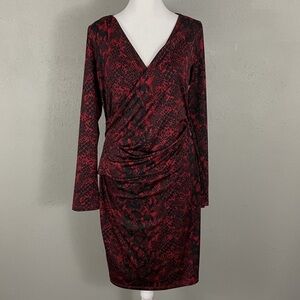 Karen Kane L Red Black Snake Print Faux Wrap Long Sleeve Knee Length Dress